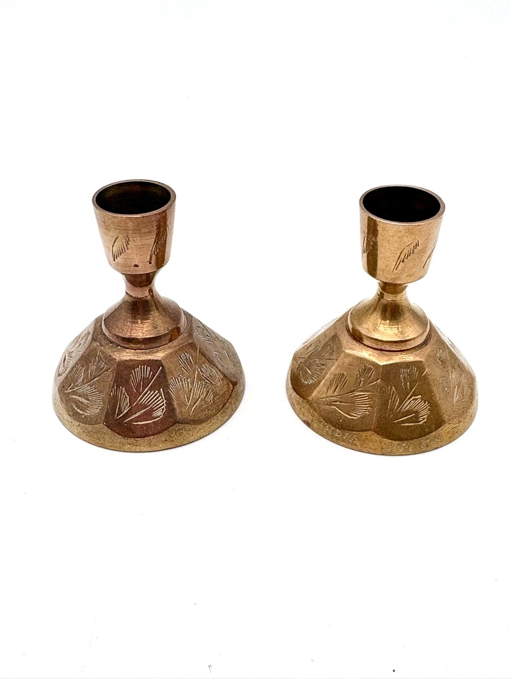 Vintage Mini Etched Indian Brass Candlestick Holders Pair 2.5”